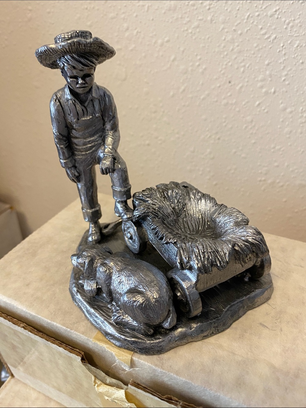 Michael Ricker Pewter Figurine Lee 1166/2000 Boy Dog Wheel Barrel Farm 1984 4.5"